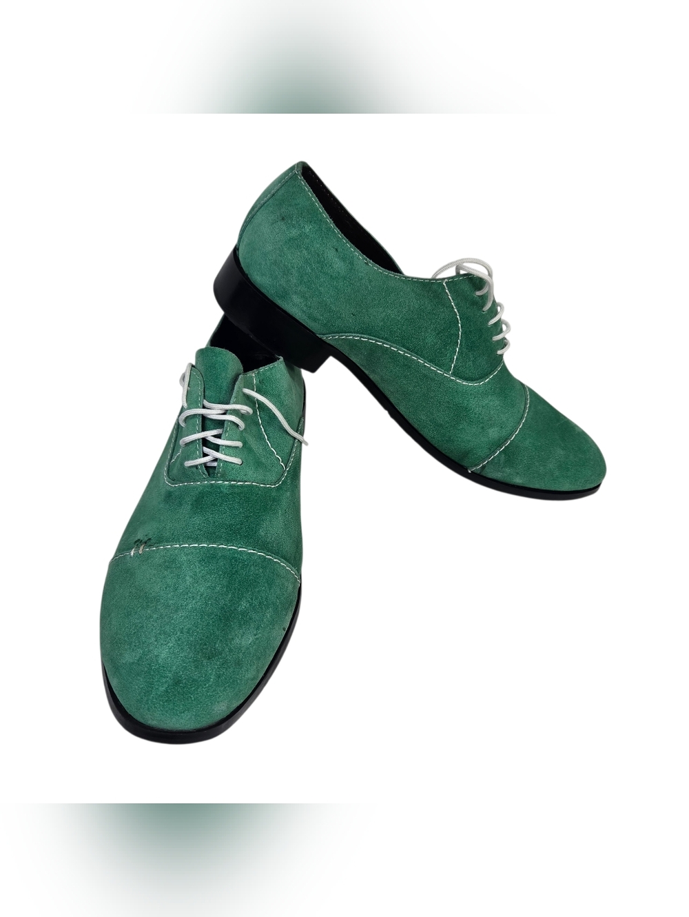 Green Suede Derby Shoes with White Stitching. Size 10